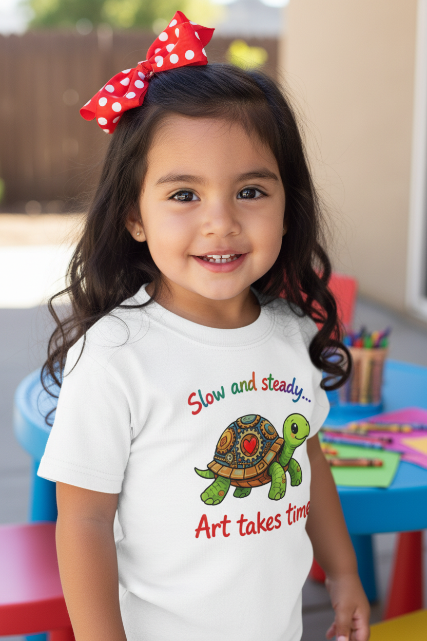 Close-up of Hispanic toddler girl wearing turtle tee
