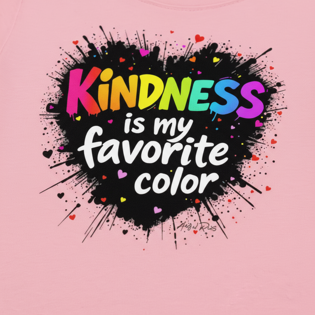 Close-up of Kindness is my Favorite Color design on pink t-shirt