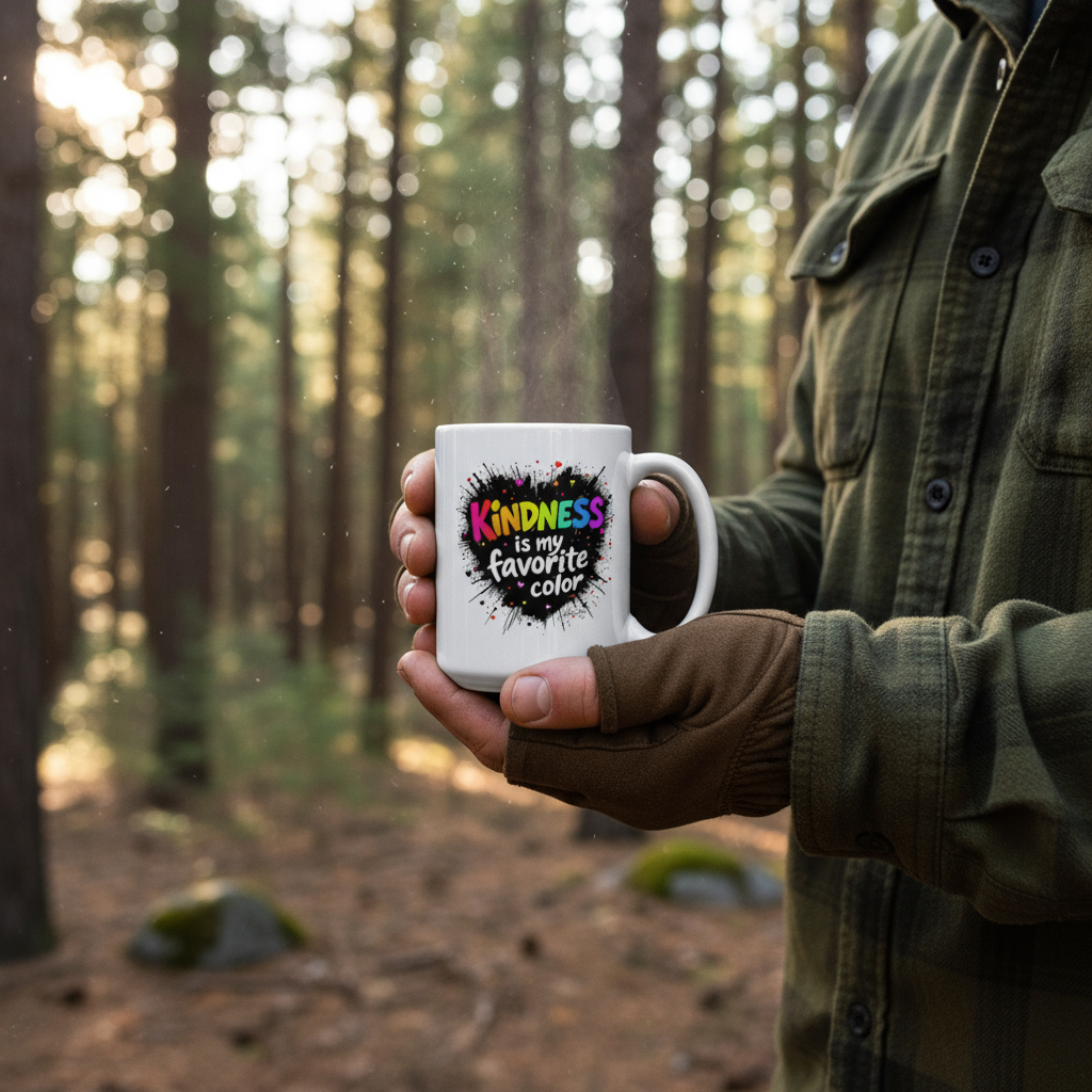 Close-up of man holding Kindness is my Favorite Color mug in forest