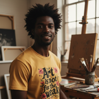 Close-up portrait of Black male artist wearing Mustard heavyweight tee - corrected