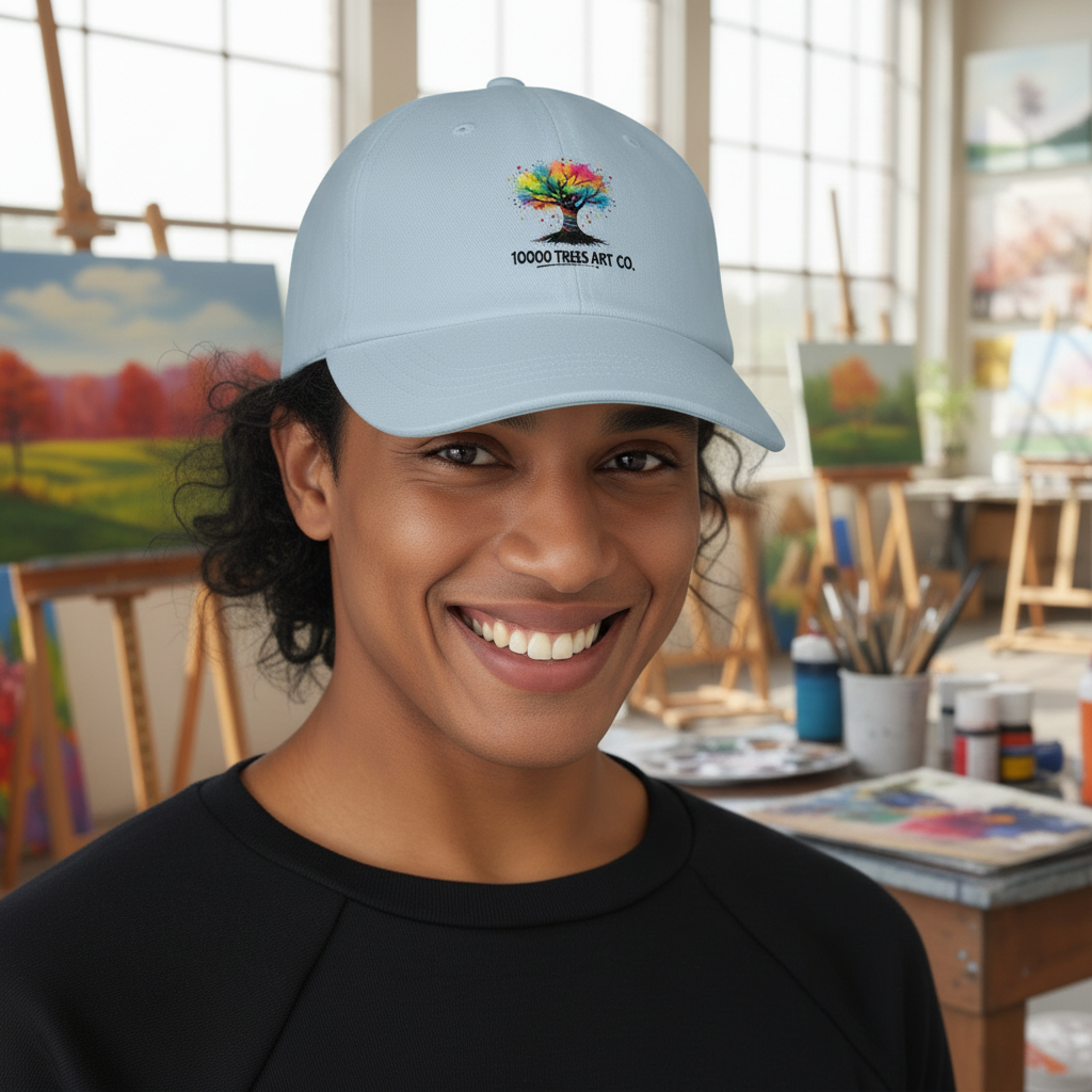 Close up portrait of Black man wearing light blue dad hat and black t-shirt