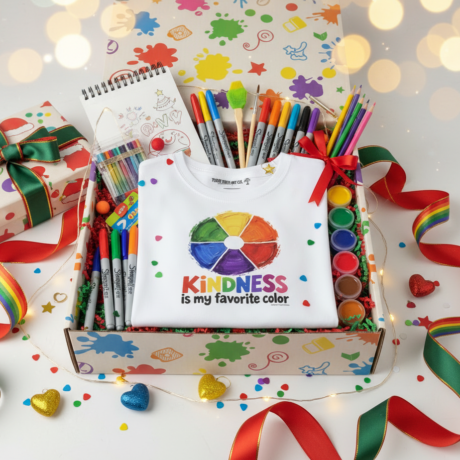 Colorful Christmas gift box with white Kindness youth tee that says "Kindness is my favorite color"