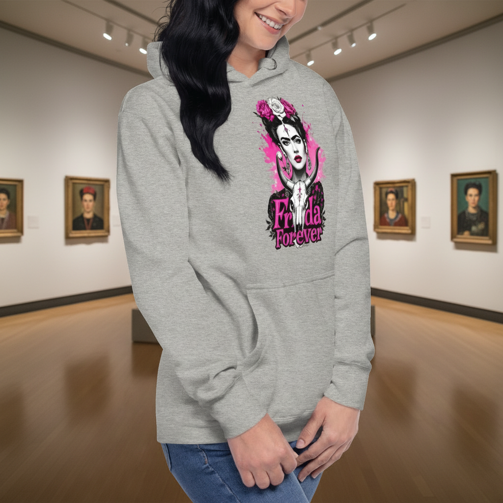 A woman stands in an art museum wearing a Frida Forever hoodie