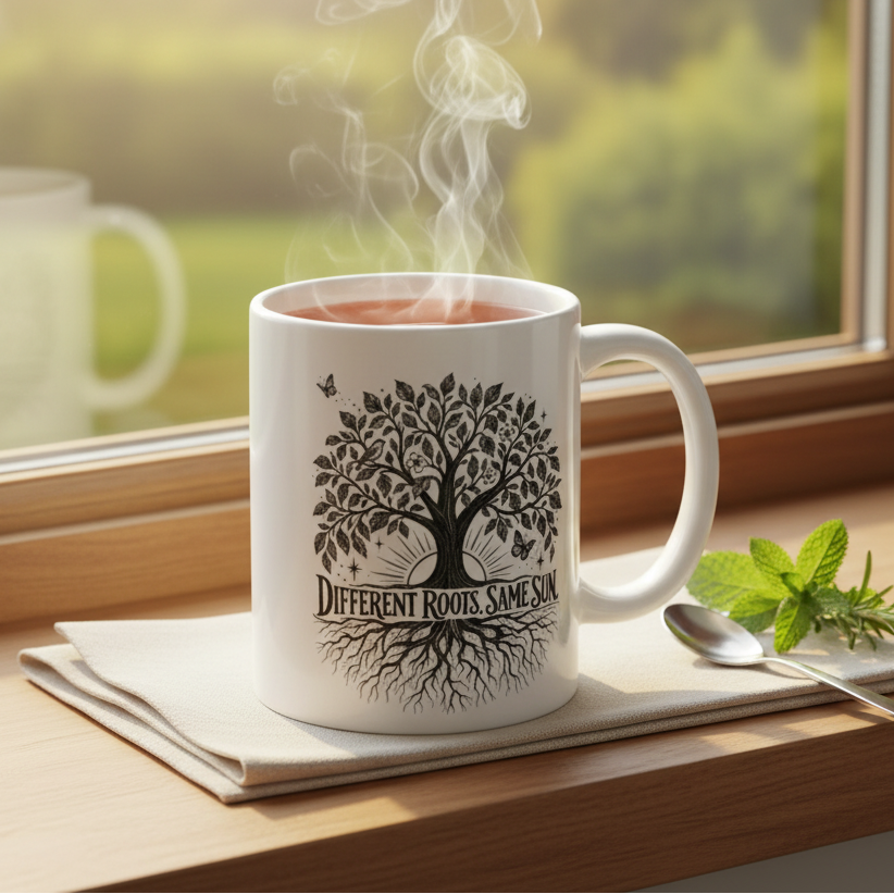 Different Roots, Same Sun mug with steaming hot tea in a sunny kitchen window