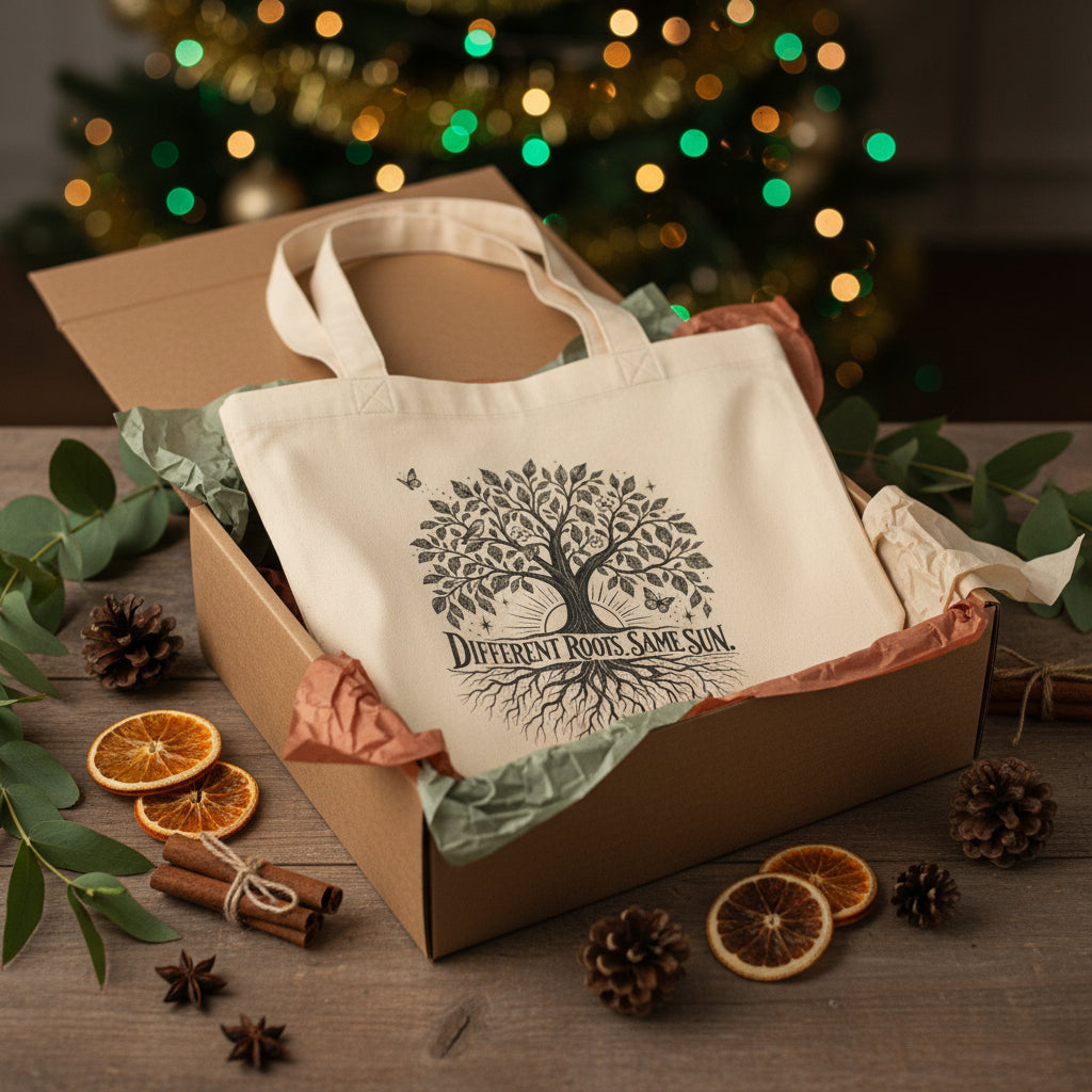 A beige canvas tote bag with a black graphic of a tree with the text 'Different Roots Same Sun' in an elegant gift box design