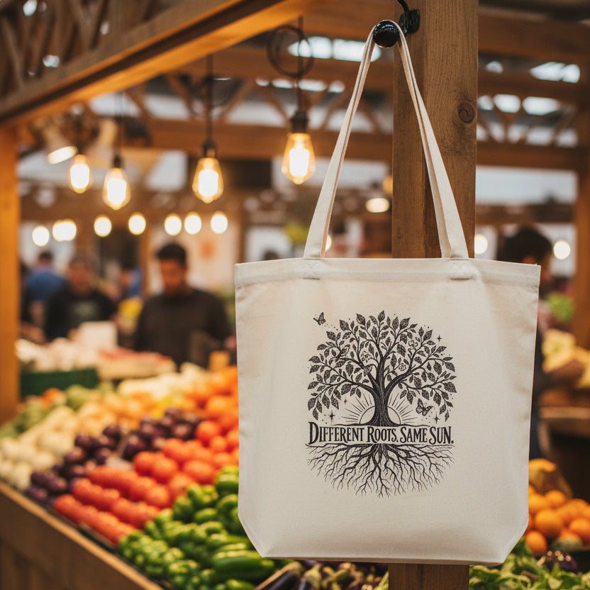 A beige canvas tote bag with a black graphic of a tree with roots and the text 'Different Roots Same Sun' printed on the front, shown against a plain white background.