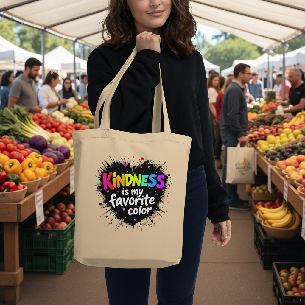 A woman stands in a farmers market holding a eco bag that says 'Kindness is my favorite color'