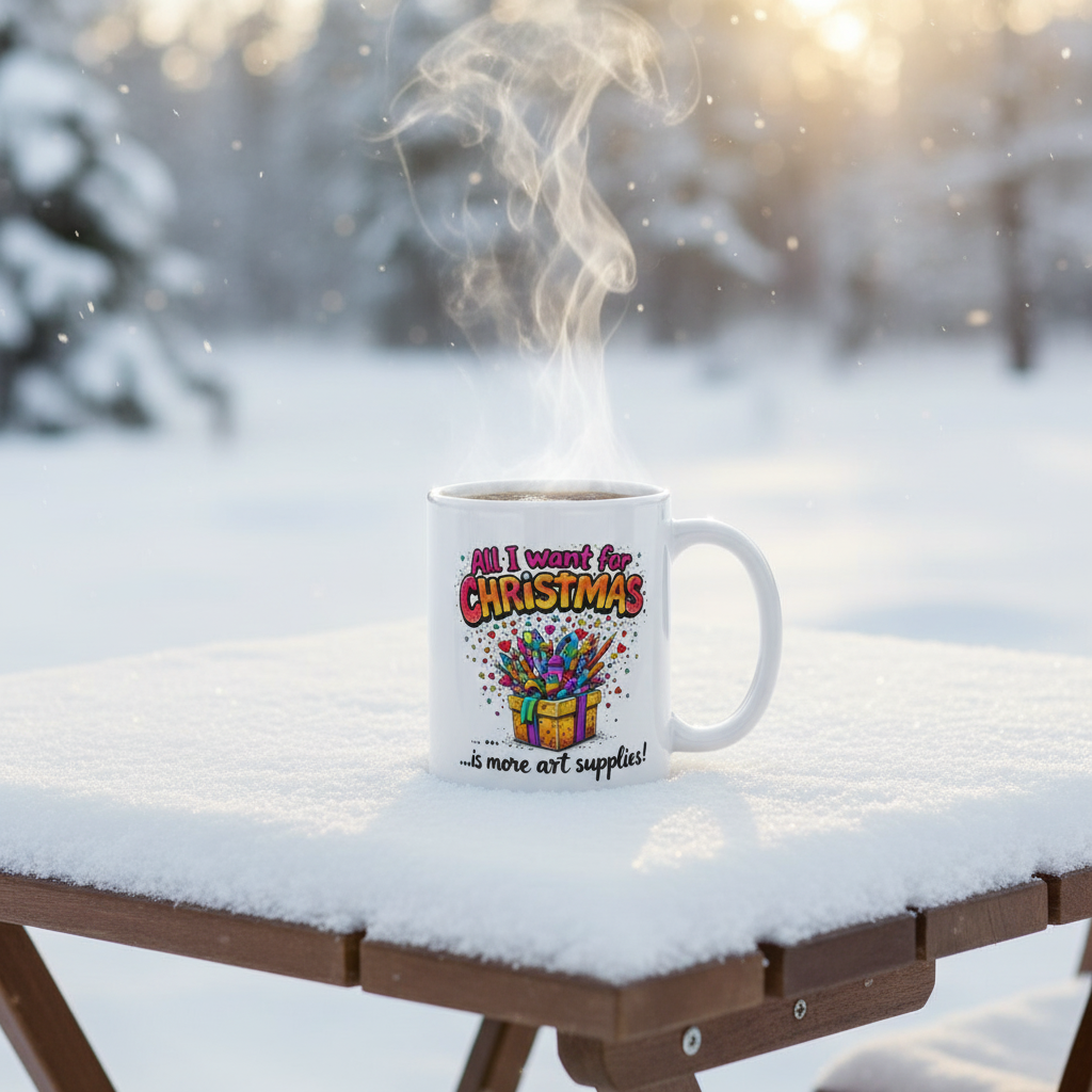 Elegant 11 oz mug on snowy patio table with steam