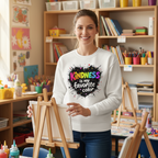 Female art teacher in white Kindness sweatshirt