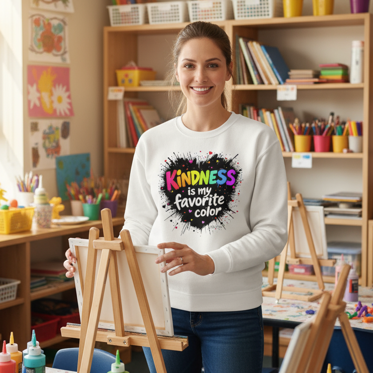 Female art teacher in white Kindness sweatshirt