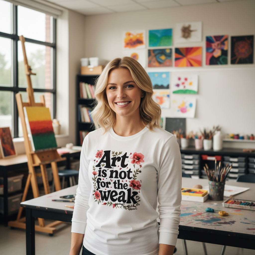 Female art teacher wearing Art is Not for the Weak white tee