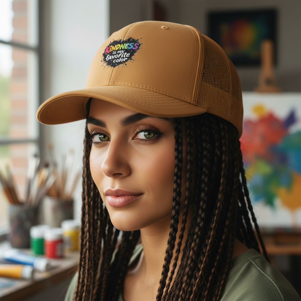 Female artist wearing Caramel trucker hat