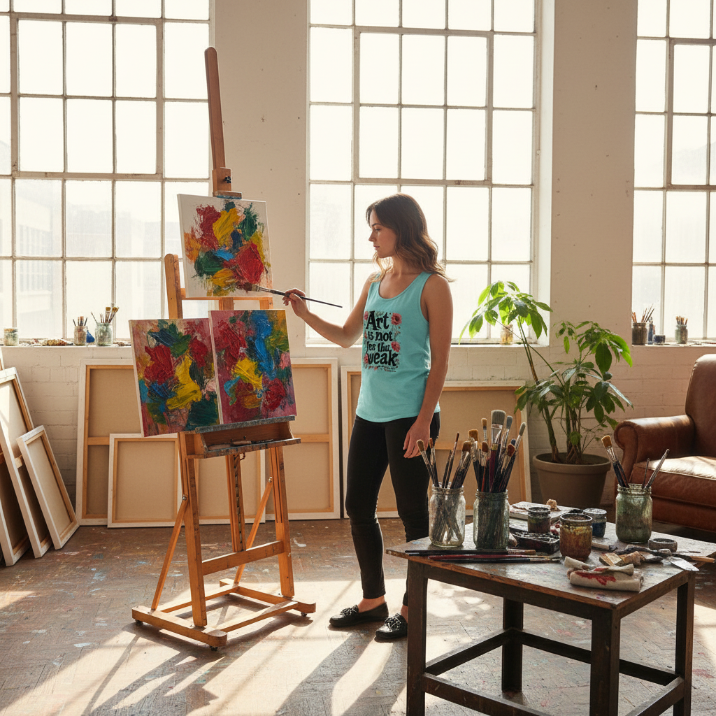 Female artist wearing Lagoon Blue tank in sunny painting studio