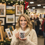 Female artist with mug at Christmas art fair