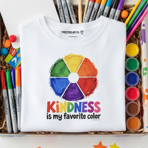 Festive gift box with white Kindness youth long-sleeve tee and art supplies