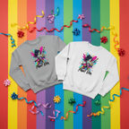 Festive retail display with both sweatshirt colors