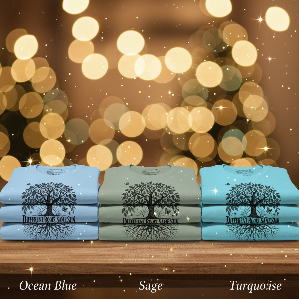 Festive square display with Ocean Blue, Sage, and Turquoise shirts, elegant color name labels at bottom