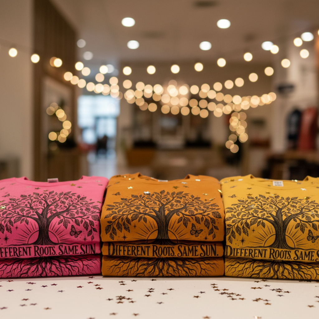 Festive square display with the exact tree artwork and correct hot pink tone, plus burnt orange and golden yellow shirts