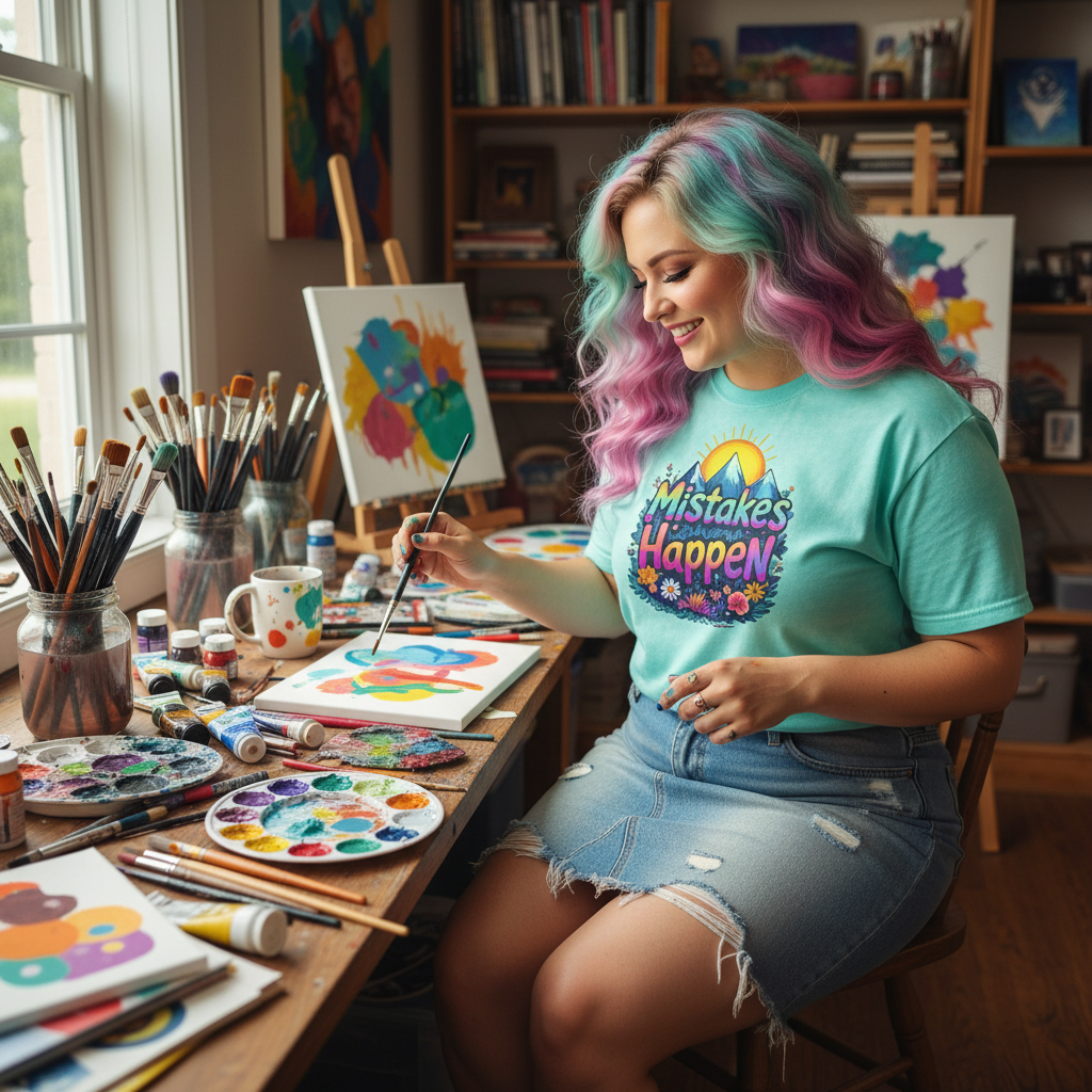 Fun creative female artist with fairy hair wearing Island Reef Mistakes Happen t-shirt at art table