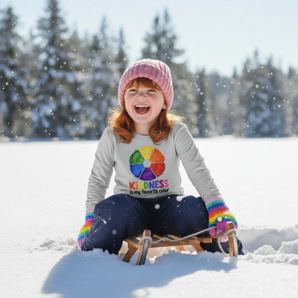 Girl on a sled wearing gray Kindness youth long-sleeve tee