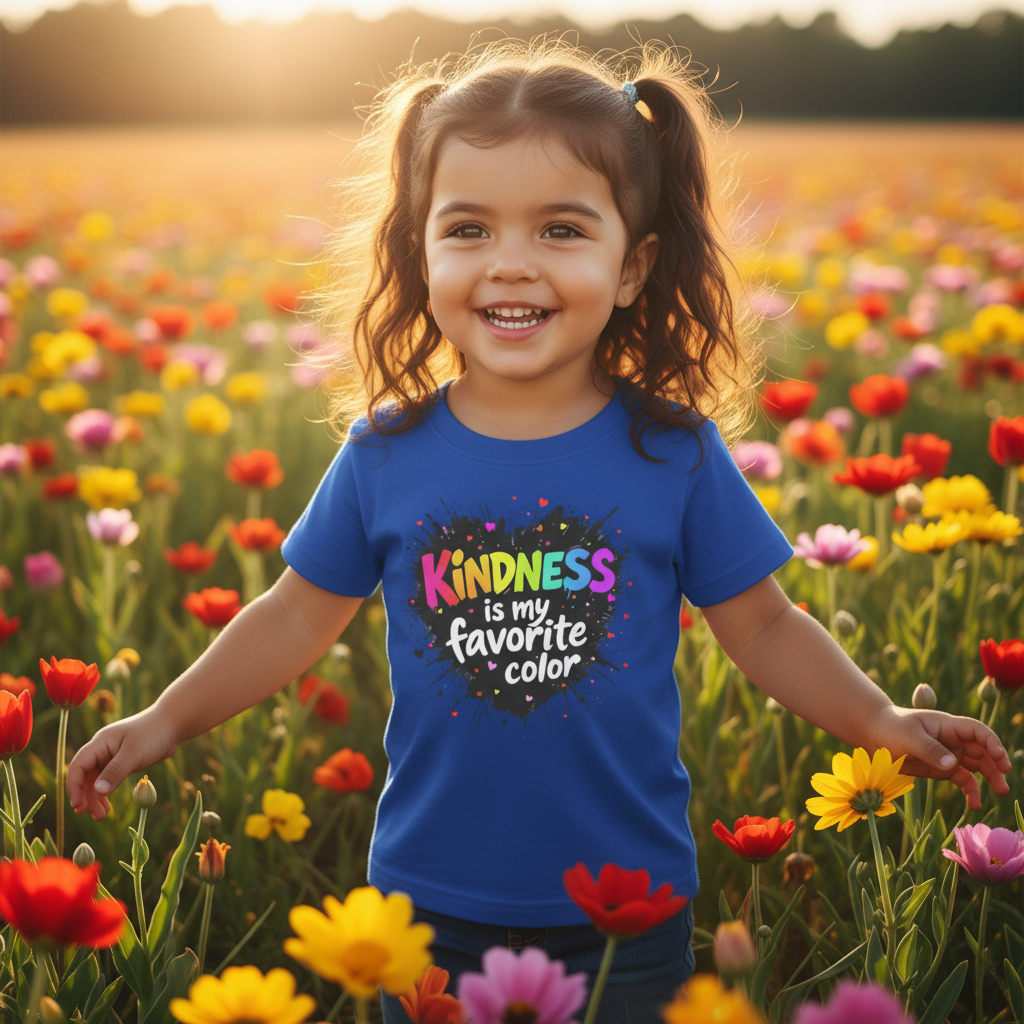 Girl wearing Kindness is my Favorite Color t-shirt in flower field