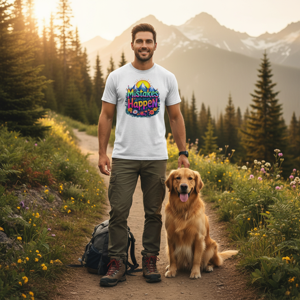 Handsome man wearing white Mistakes Happen t-shirt with cargo pants and hiking boots on trail with dog