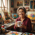 Happy older Hispanic woman holding 15 oz mug in art studio