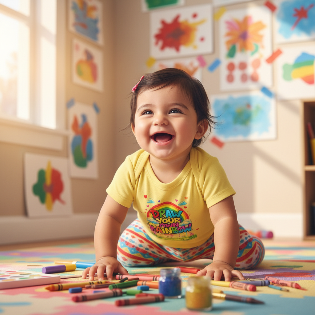 Happy Peruvian girl wearing yellow Draw Your Own Rainbow onesie in preschool art room