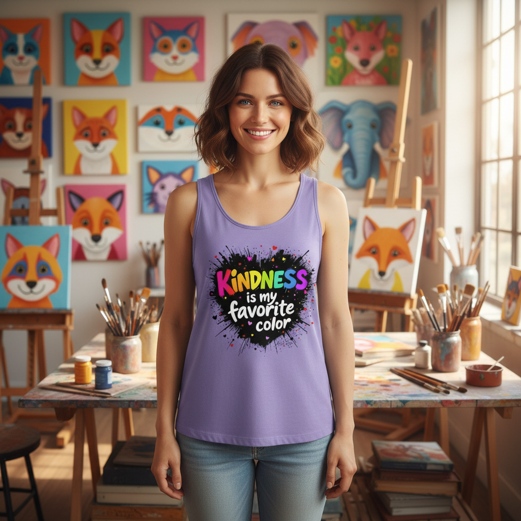 Happy woman in violet tank top in art studio