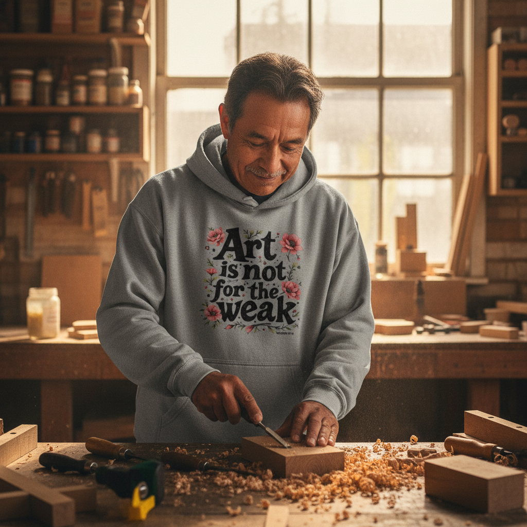 Hispanic male artist in woodshop wearing Carbon Grey hoodie