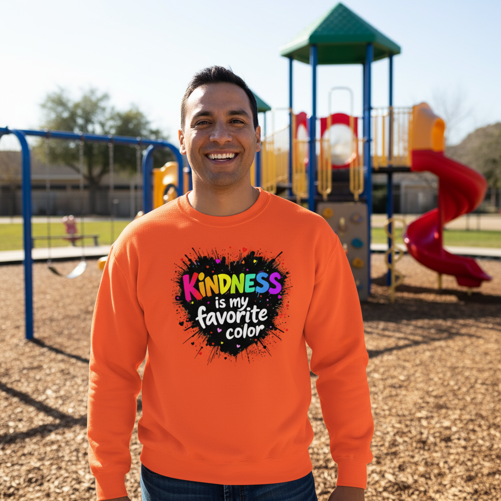 Hispanic male wearing orange Kindness sweatshirt at playground