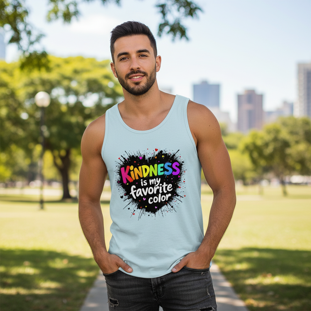 Hispanic man in chambray tank in city park