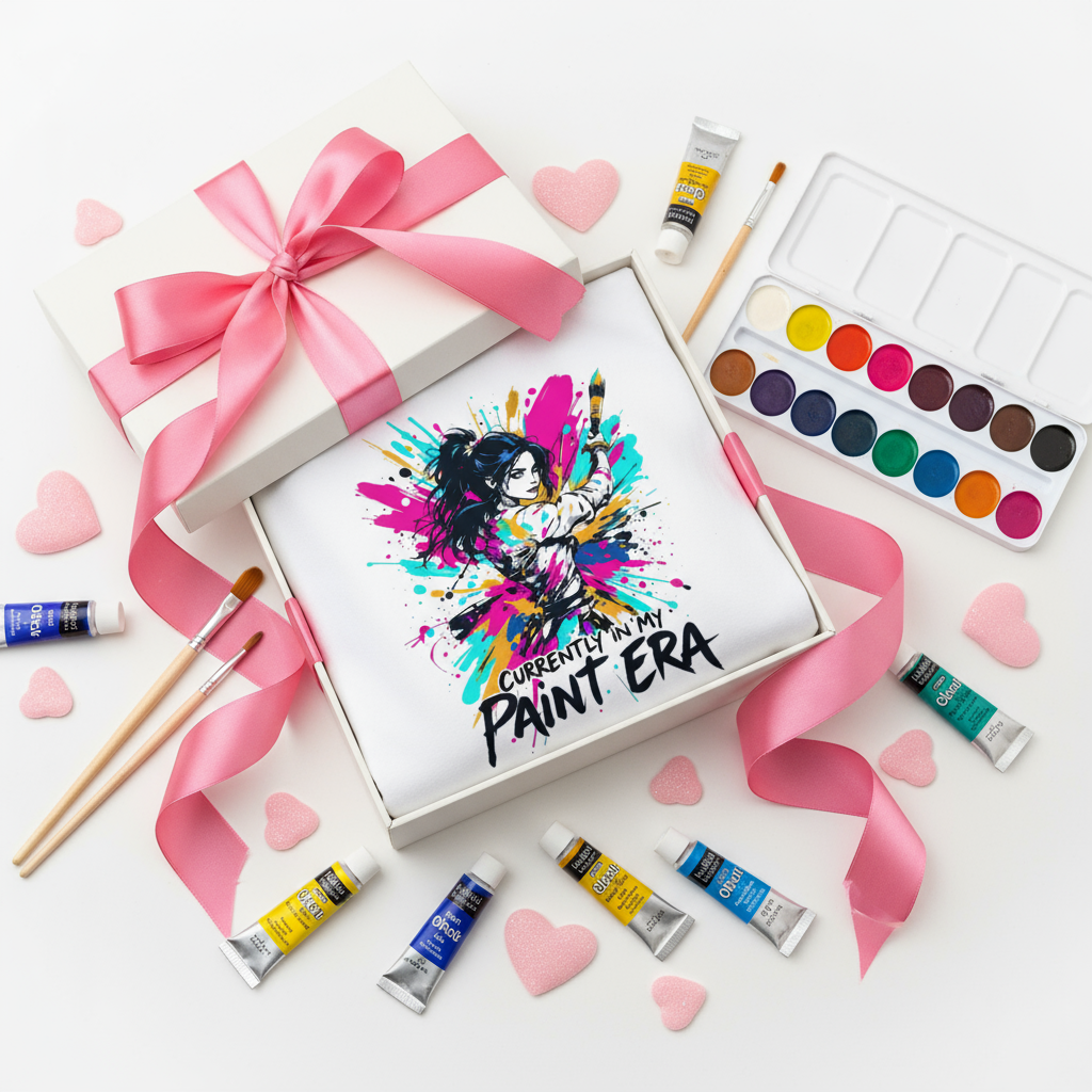 Holiday gift box product shot of Currently in my Paint Era white t-shirt