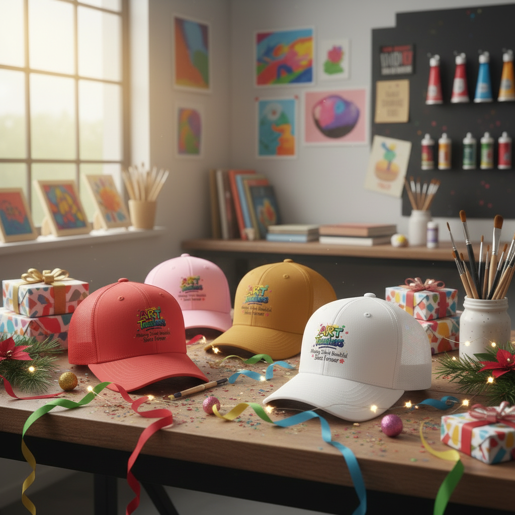 Holiday retail display of all four Art Teachers hat colors
