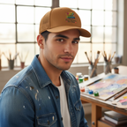 Latino artist wearing caramel trucker hat in art studio
