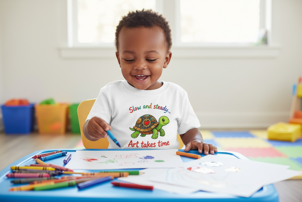 Lifestyle image of toddler wearing turtle tee at art table