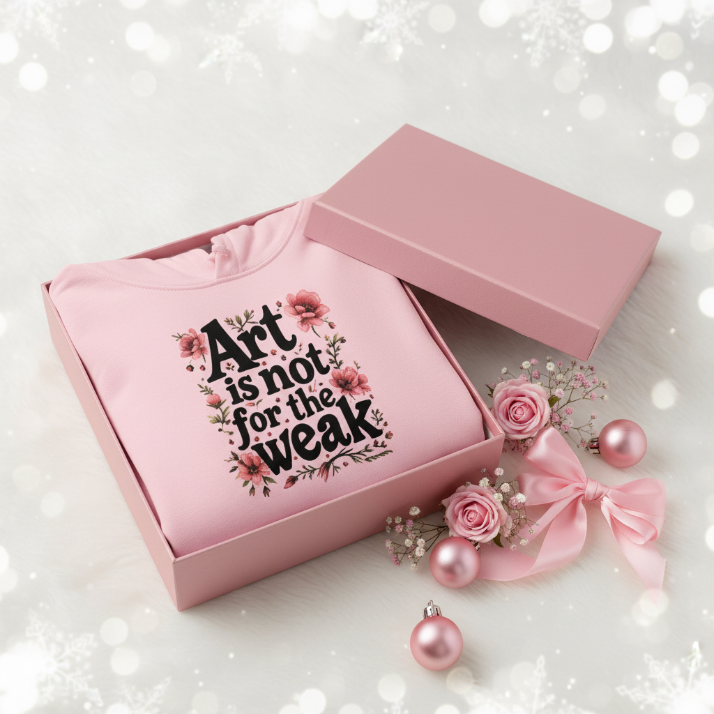 Light pink youth artist hoodie in pink gift box with winter snowflake background