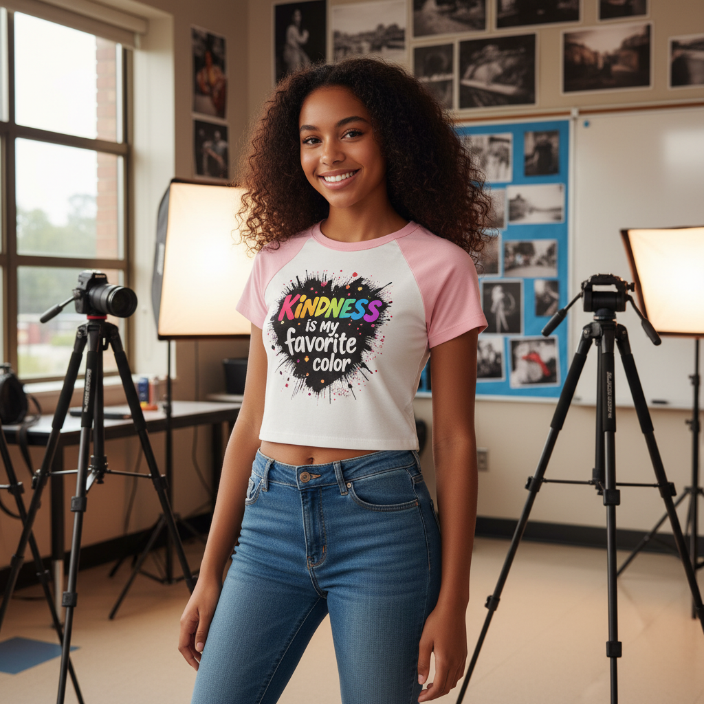 Light-skinned Black teen wearing pink Kindness baby tee in photography class