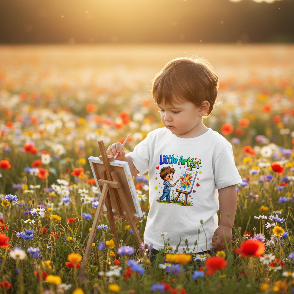 Little Artist boy painting in flower field