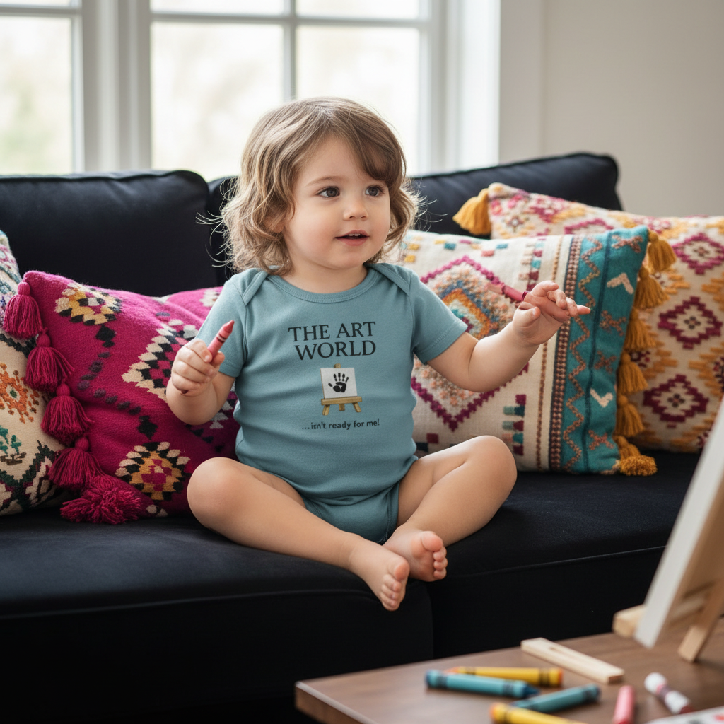 Little boy wearing The Art World is Not Ready For Me baby onesie in Vintage Indigo