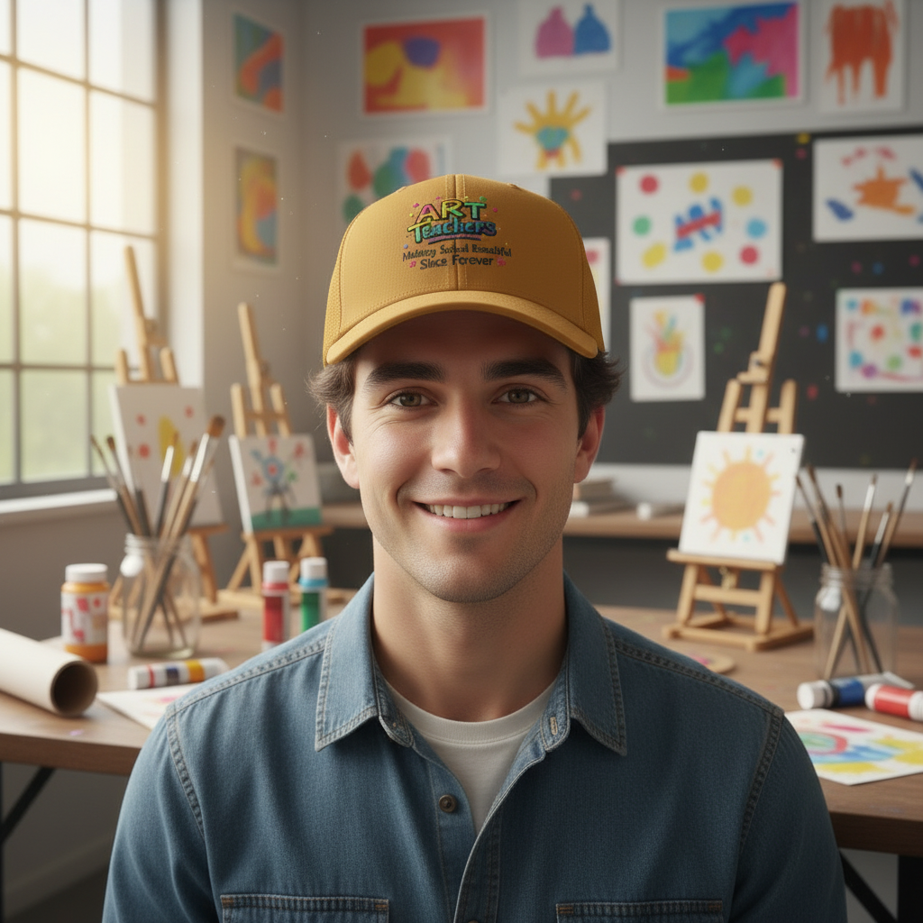 Male art teacher wearing Caramel trucker hat