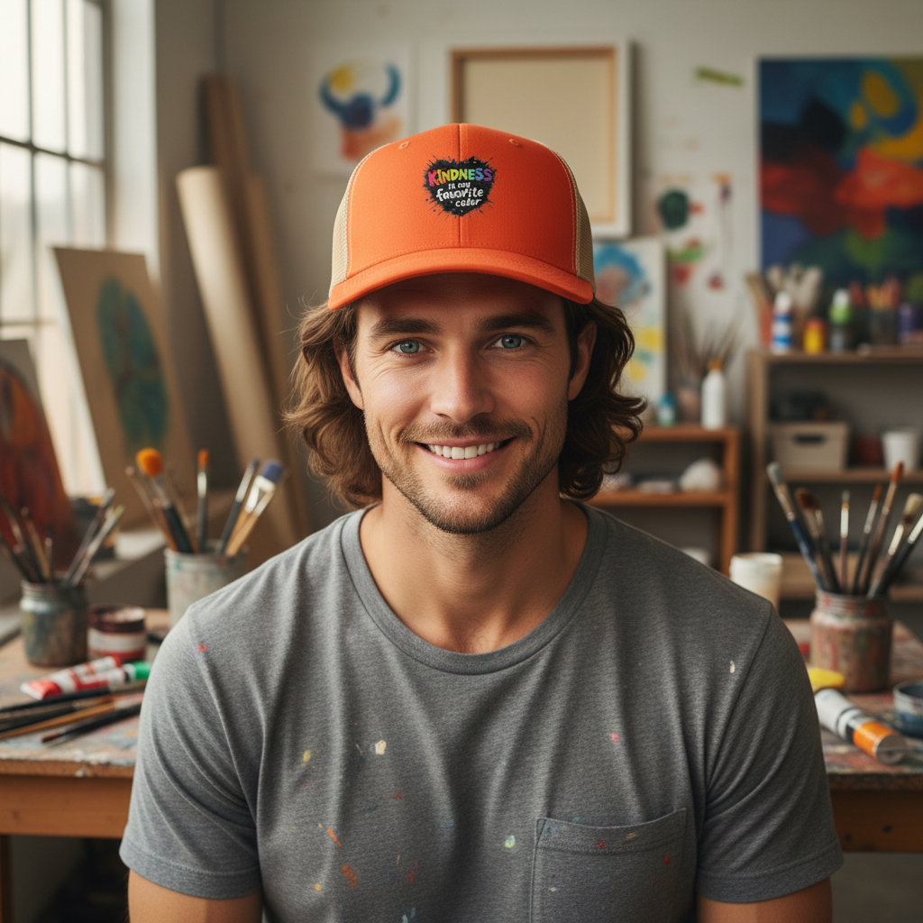 Male artist wearing Rustic Orange trucker hat