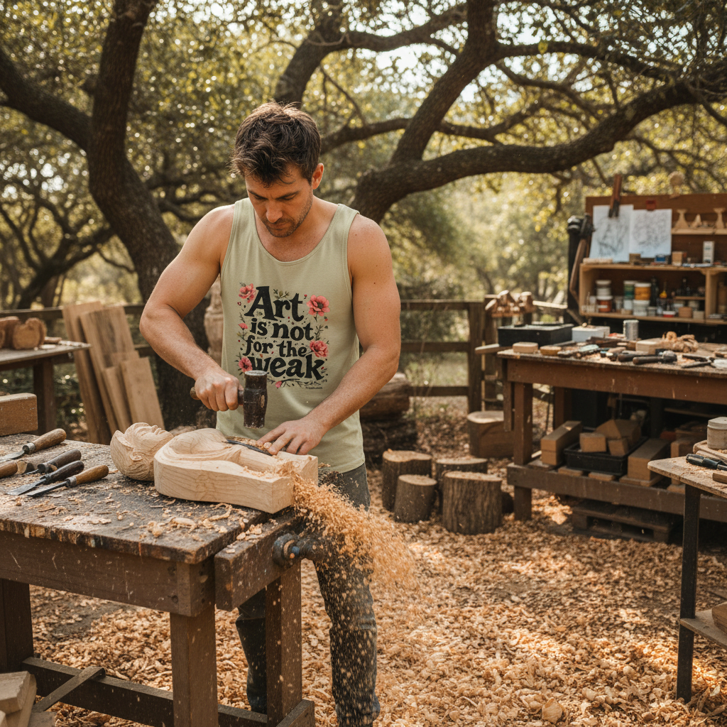 Male artist wearing Sandstone tank in outdoor wood carving studio