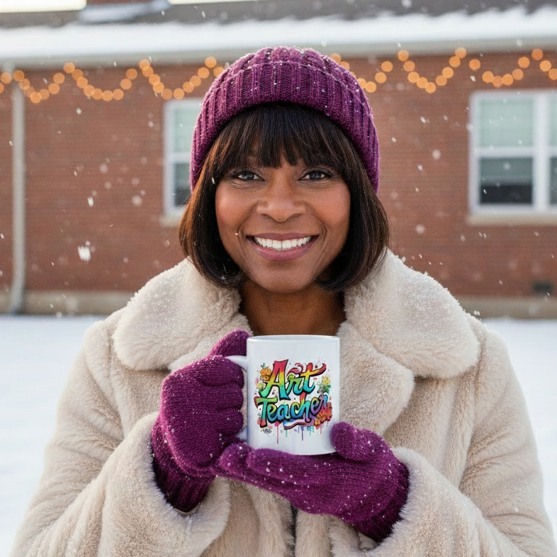 Middle-aged Black teacher with bob and bangs holding Art Teacher coffee mug in winter