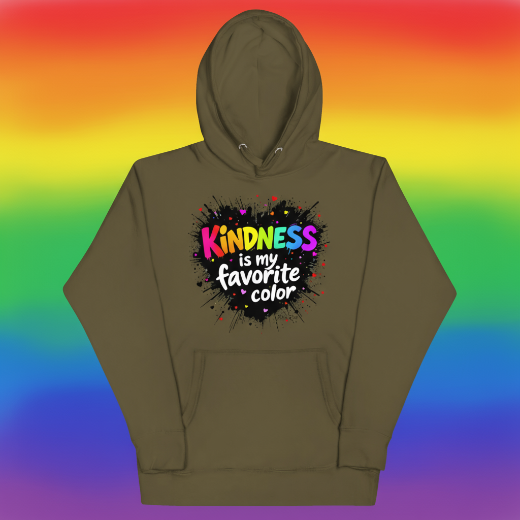 Military Green Kindness hoodie on rainbow background