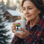 Older artsy woman in flannel holding steaming Make Your Art mug in snow