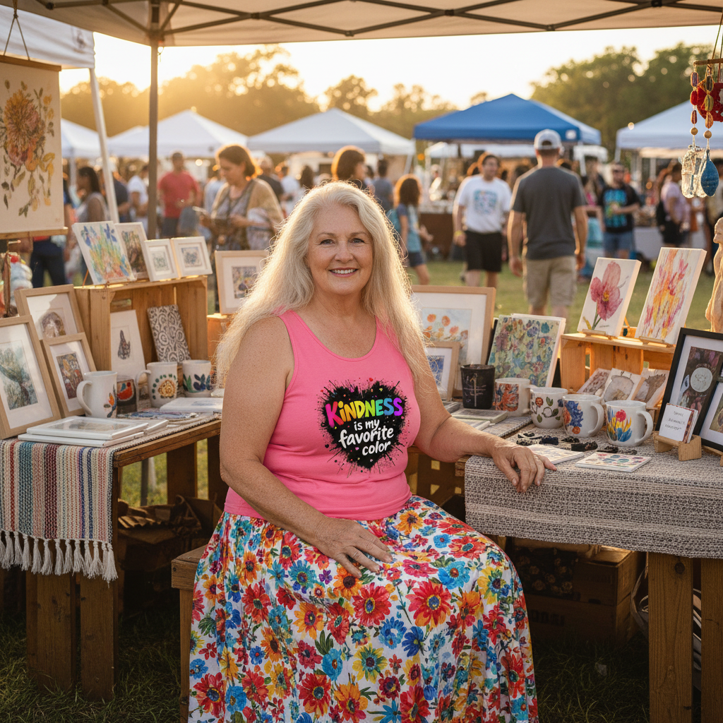 Older woman in crunchberry tank at art festival