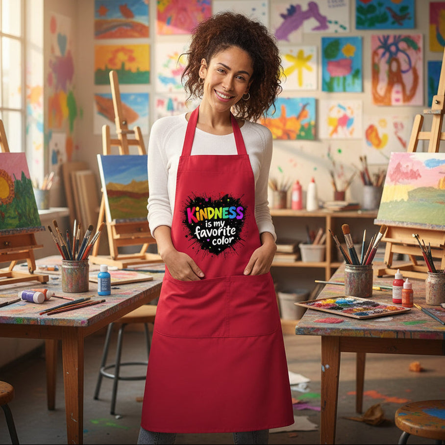 A happy art teacher wears a red apron with a heart that says "Kindness is my favorite color"