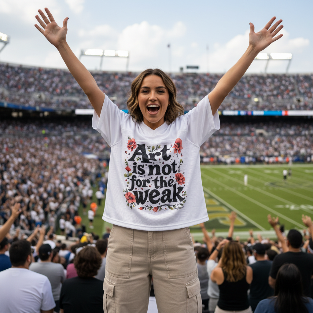 Petite woman wearing jersey cheering at stadium