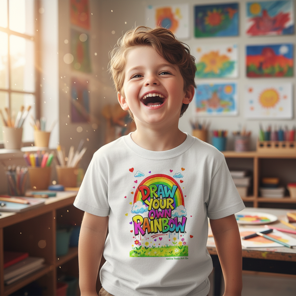 Portrait of boy wearing Draw Your Own Rainbow tee in happy classroom